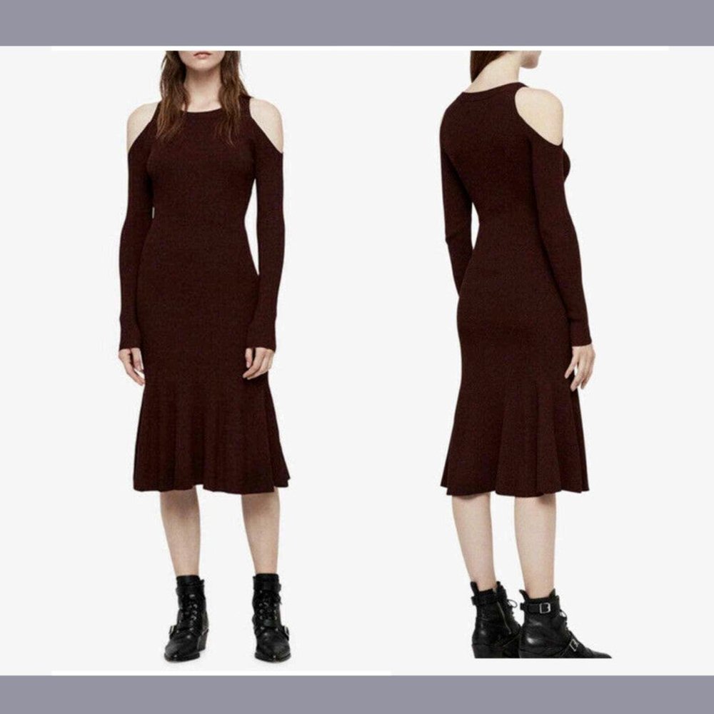 NWT $228 ALL SAINTS [ Small‎ ] Yasmin Cold-Shoulder Sweater Dress in Red